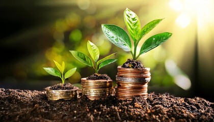 A vibrant scene of growing plants emerging from stacks of coins, symbolizing the intersection of finance and nature, and the potential for sustainable growth.