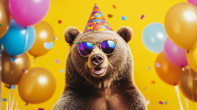 Party animal! Colorful photo of funny, happy grizzly  bear on yellow background. Ballons, confetti, happy mood. Birthday celebration banner	