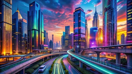 Fototapeta premium Vibrant neon lights illuminate a futuristic cityscape at dusk, with sleek skyscrapers, holographic advertisements, and a sprawling network of elevated walkways and monorails.
