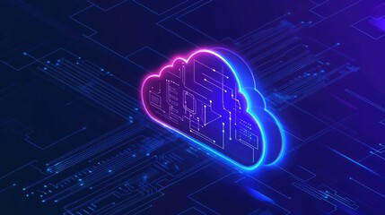 Fototapeta premium A glowing cloud icon with circuit board patterns on its surface, floating above a digital background of a circuit board.