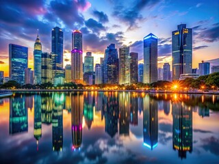 Obraz premium Vibrant neon-lit cityscape at dusk, with sleek skyscrapers and bustling streets reflected in a serene lake, perfect for a modern desktop background.