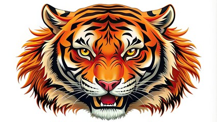 Vibrant orange and black illustration of a regal tiger's head with fierce expression, sharp teeth, and whiskers, set against a clean white background.