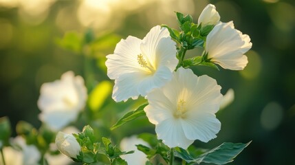 White Hibiscus Flowers in a Sunny Garden