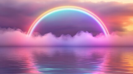 A glowing rainbow arch emerges from a hazy, pink sky above a still body of water.