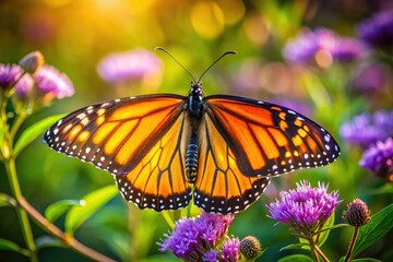 Vibrant orange and black monarch butterfly perches on a delicate purple flower, its intricate wings folded, surrounded by lush green foliage in warm sunlight.