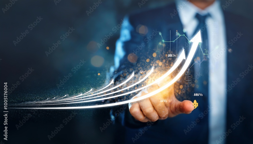 Poster a businessman is interacting with a digital interface showcasing upward trends and growth through ar