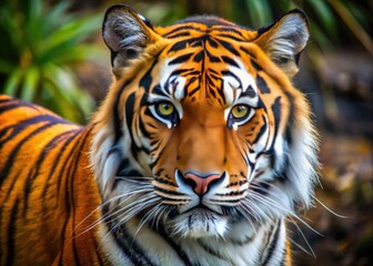 Fototapeta premium Vibrant orange and black stripes of a tiger's fur patterned skin texture, with intricate details and subtle shading, evoking exotic wildlife and natural beauty.