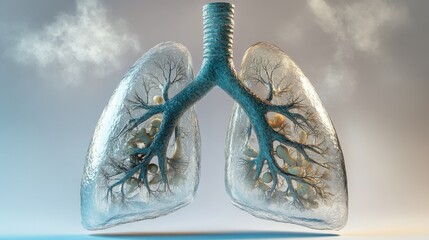 Detailed digital illustration of human lungs in a cutaway view showing internal structures such as bronchi and alveoli Perfect for use in medical advertisements respiratory health campaigns and educat