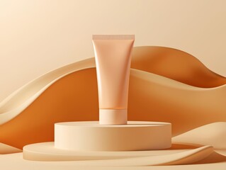 Sunscreen tube mockup displayed in a stylized desert setting, with smooth dunes and the warm glow of the sun emphasizing the product’s sun protection feature.