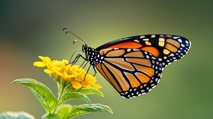 Fototapeta premium Monarch Butterfly Sipping Nectar from Yellow Flower