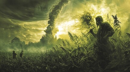 Lone Figure in Field Amidst Burning Cityscape