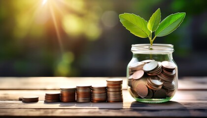 A jar of coins with a growing plant symbolizes financial growth, sustainability, and the connection between nature and wealth.