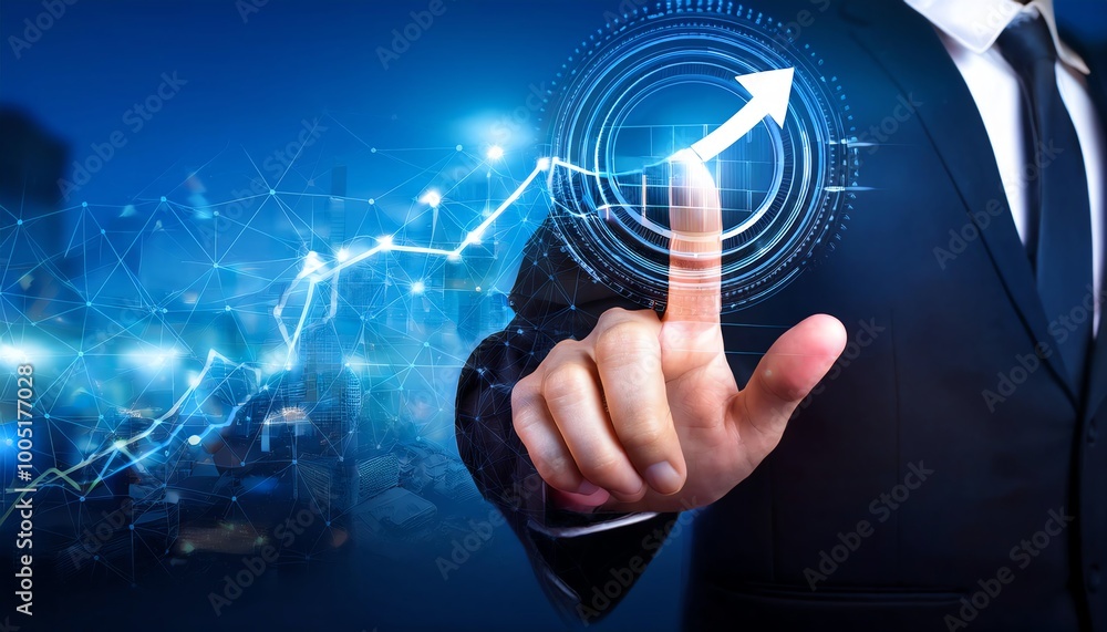 Poster a businessman interacts with a digital graph, symbolizing growth and progress in a high-tech environ