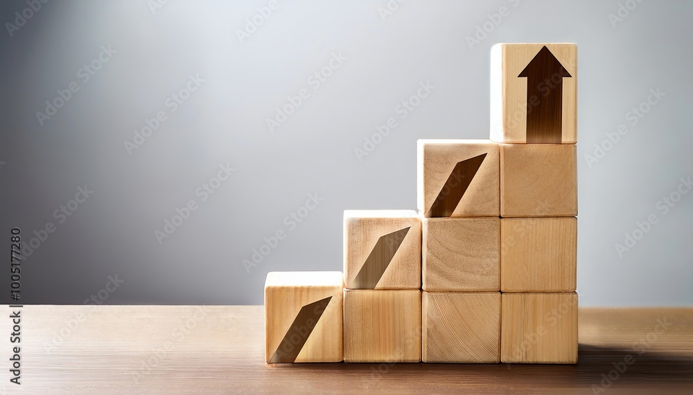 Poster a stack of wooden blocks arranged in ascending order, featuring arrows to symbolize growth and progr