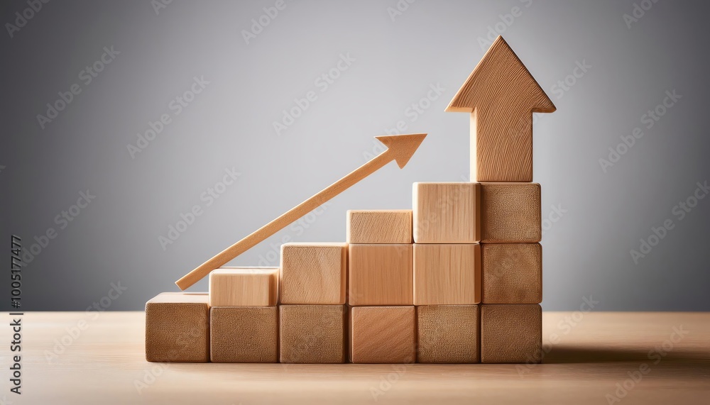 Poster a wooden block graph illustrates growth with ascending blocks and an arrow, symbolizing progress and