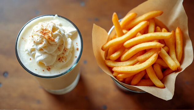 A creamy milkshake topped with whipped cream sits beside crispy golden fries, creating a perfect blend of indulgent dessert and savory snack. AI Generative