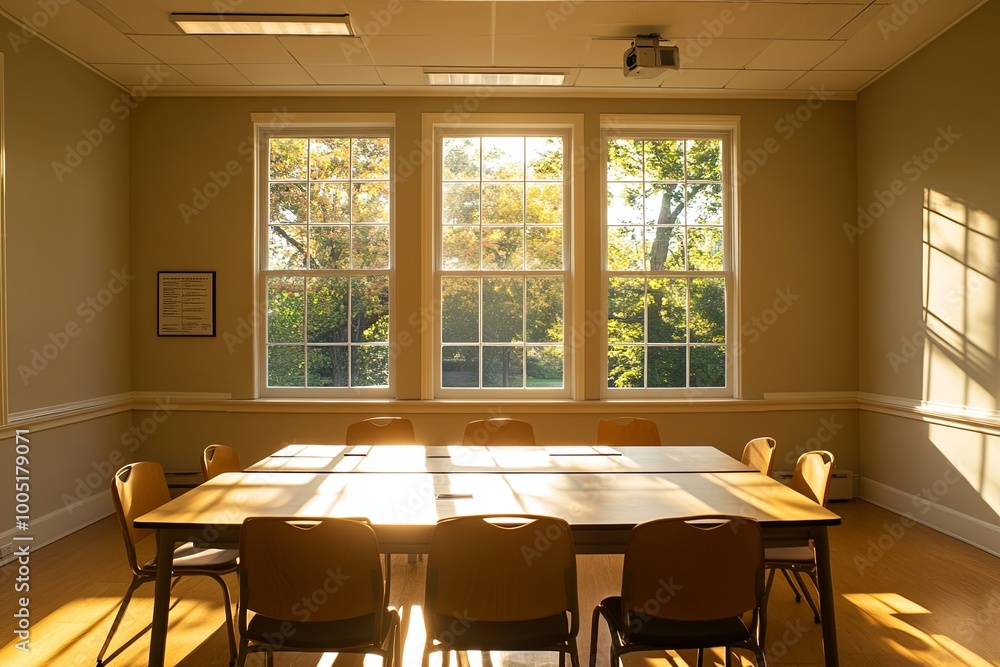 Poster sunlight illuminates a bright meeting room with a large table and chairs in a serene setting during 