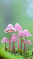 Fototapeta premium Pink mushrooms in a forest setting, macro photography. Natural beauty and tranquility concept