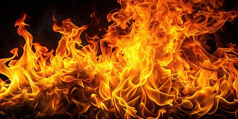 Vibrant orange and yellow flames engulf a dark background, casting flickering shadows as intense heat and light emanate from the roaring inferno's fiery core.