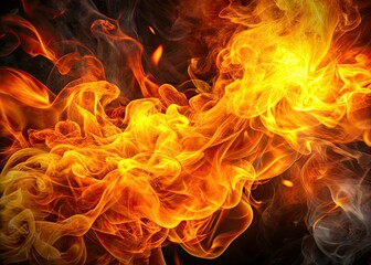 Fototapeta premium Vibrant orange and yellow flames engulf a dark background, creating a mesmerizing and intense visual effect with subtle smoke trails and warm, flickering light.