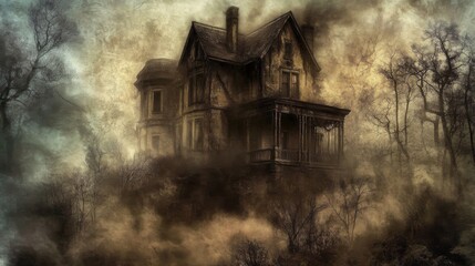 A weathered, abandoned Victorian-style house stands shrouded in fog and mist, suggesting a haunted past and mystery.