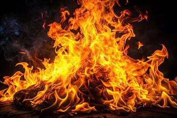 Fototapeta premium Vibrant orange and yellow flames erupt from a dark background, casting flickering shadows and illuminating the surrounding area with intense warmth and fiery energy.