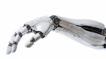A robotic hand reaching out against a white backdrop