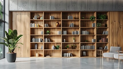 Modern wooden and concrete library office interior