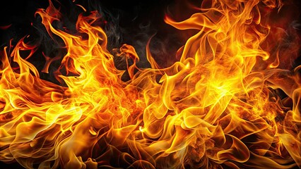 Fototapeta premium Vibrant orange and yellow flames erupt from a dark background, illuminating the surrounding area with intense warmth and dynamic movement, casting flickering shadows.