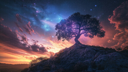 A breathtaking landscape dominated by a large, twisted tree at its center. This tree stands atop a rocky outcrop, emanating a mystical purple glow. Surrounding the tree are swirling clouds of varying 