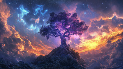 Fototapeta premium A breathtaking landscape dominated by a large, twisted tree at its center. This tree stands atop a rocky outcrop, emanating a mystical purple glow. Surrounding the tree are swirling clouds of varying 