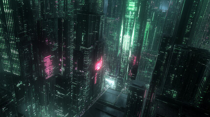 Fototapeta premium A futuristic cityscape at night, dominated by towering skyscrapers with intricate digital designs. The buildings are densely packed, with neon-colored lights emanating from various windows and surface