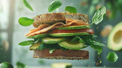 delicious floating sandwich featuring layers of avocado, spinach, turkey, and fresh tomatoes, showcasing vibrant colors and textures. This appetizing image captures essence of healthy eating