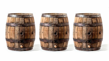 Obraz premium Three Wooden Barrels Isolated On White Background