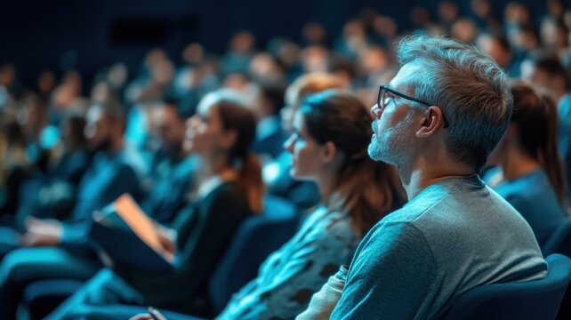 Audience members engaged in a presentation with focused expressions.