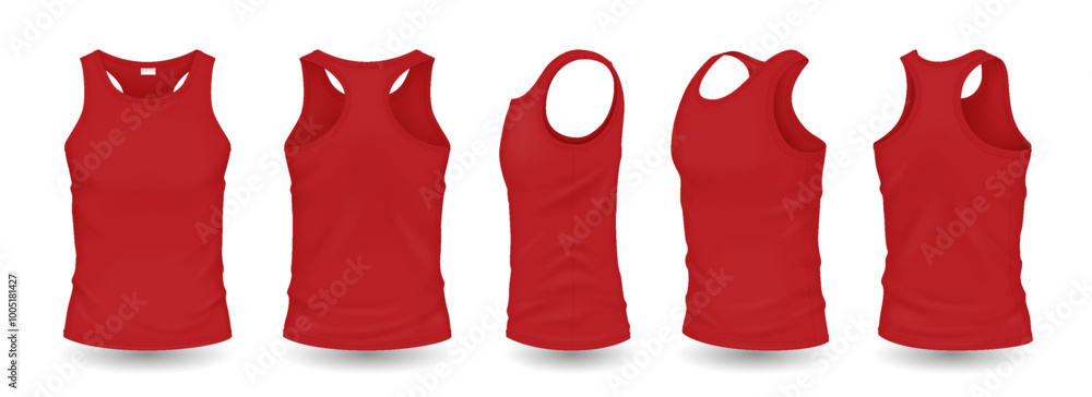 Canvas Prints Red men sleeveless shirts with mockup design realistic vector illustration set. Clothes with space for brand 3d models on white background