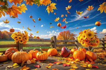 Vibrant orange and yellow leaves cascade down a rustic wooden fence, surrounded by pumpkins and autumnal flowers, beneath a crisp blue October sky.