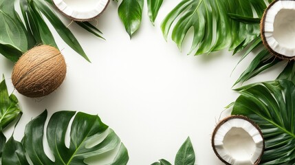 Coconut fruit leaf border background template with copy space