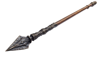view of a long spear with an iron tip and wooden shaft transparant background