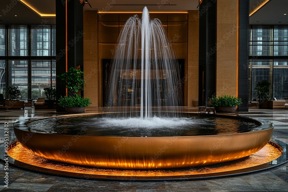Poster modern fountain in an upscale lobby featuring illuminated water display with surrounding greenery du