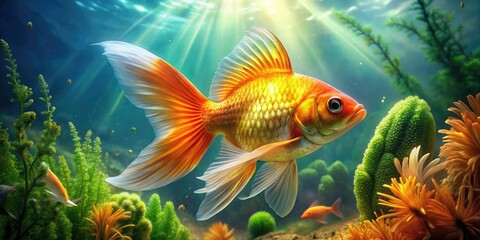 Fototapeta premium Vibrant orange-gold fish with flowing fins and scales shimmering in sunlight, swimming amidst lush green seaweed and coral in a serene underwater ocean scene.