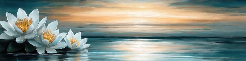 Serene Lotus Flowers and Tranquil Water Scene During Sunset: Calming Nature Landscape Art for Meditation and Relaxation Focus