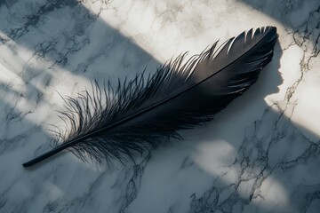 A large black feather resting on a marble surface, illuminated by soft sunlight streaming through a nearby window. Generative AI