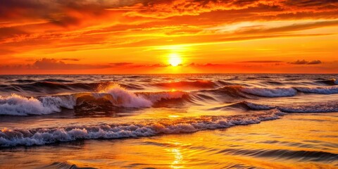Vibrant orange hues illuminate a serene sunset over rippling waves, as warm light dances across the shore, evoking feelings of joy and tranquility.