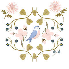 blue bird with pink flowers
