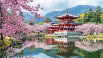 Serene Cherry Blossom Scene with Traditional Architecture