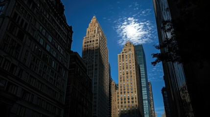 A low angle view of tall buildings in a city. The buildings are mostly in shadow with sunlight hitting one building directly, creating a contrast of light and dark.