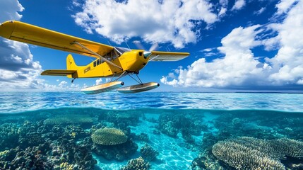 Naklejka premium Seaplane Flies Over Vibrant Coral Reef and Clear Water