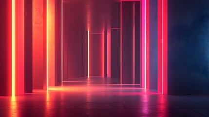 Futuristic Dark Room with Glowing Neon Lights and Sharp Geometric Shapes