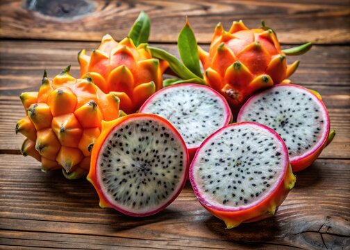 Vibrant orange pitos fruits, also known as dragon fruits, freshly cut open revealing white flesh with black seeds, arranged on a rustic wooden table.